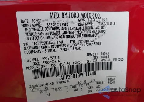 2008 Ford Focus Se/Sel/Ses z USA, uszkodzony, nr VIN 1FAHP35N18W111448
